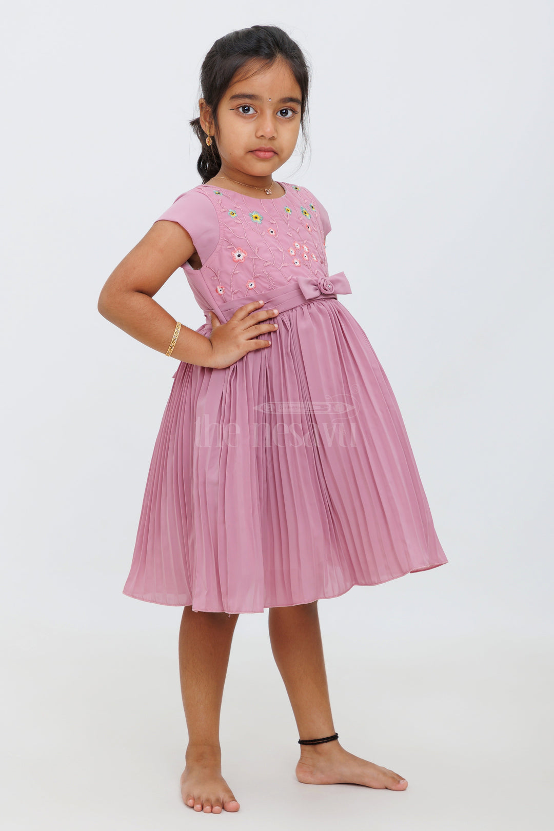 The Nesavu Girls Fancy Frock Girls Mauve Sleeveless Frock with Floral Embroidery and Pleated Skirt Nesavu Nesavu Mauve Floral Embroidered Party Frock Girls Pleated Skirt