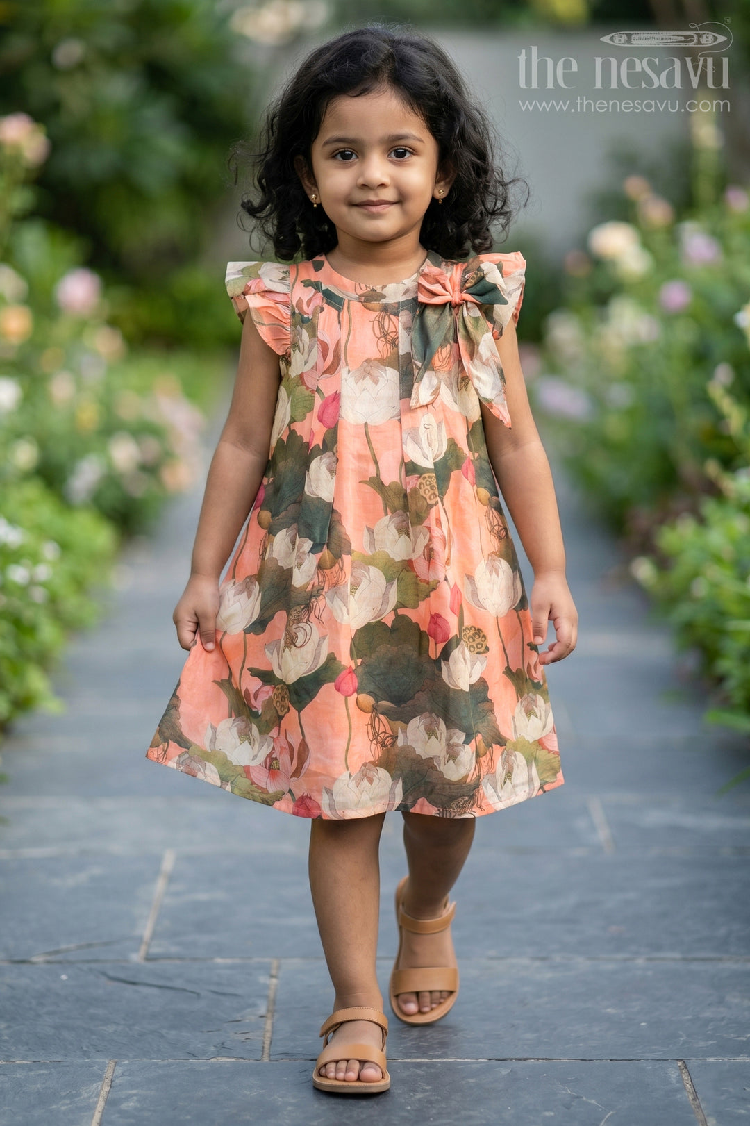 The Nesavu Girls Cotton Frock Girls Mini Frock Dress in Viscose with Bold Floral Digital Print and Ruffle Sleeves Nesavu 18 (2Y) / Orange GFC1662B-18 Girls Mini Frock Dress Soft Vicose Earthy Floral Digital Print Ruffle Sleeves | The Nesavu