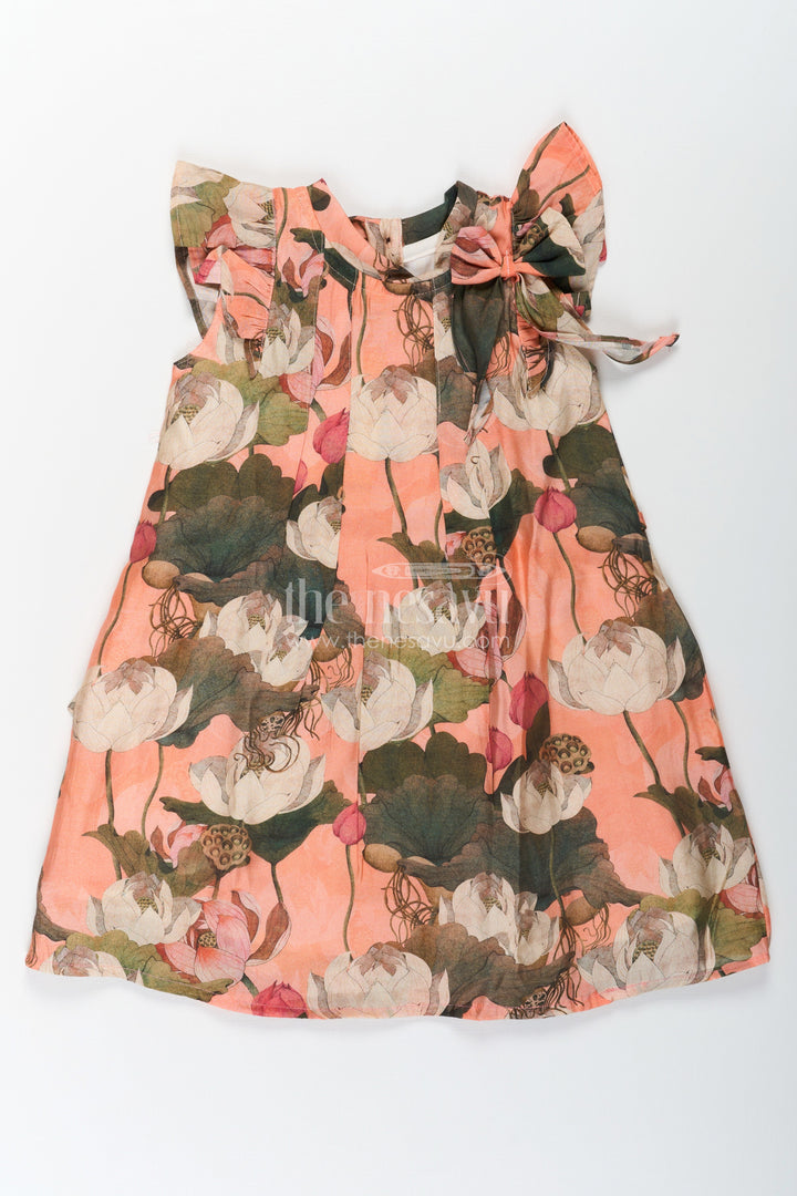 The Nesavu Girls Cotton Frock Girls Mini Frock Dress in Viscose with Bold Floral Digital Print and Ruffle Sleeves Nesavu 18 (2Y) / Orange GFC1662B-18 Nesavu Girls Mini Frock Dress Soft Vicose Earthy Floral Digital Print Ruffle Sleeves