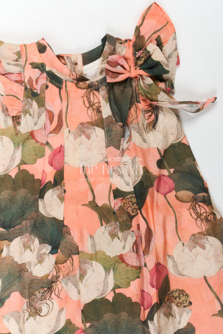 The Nesavu Girls Cotton Frock Girls Mini Frock Dress in Viscose with Bold Floral Digital Print and Ruffle Sleeves Nesavu Girls Mini Frock Dress Soft Vicose Earthy Floral Digital Print Ruffle Sleeves | The Nesavu