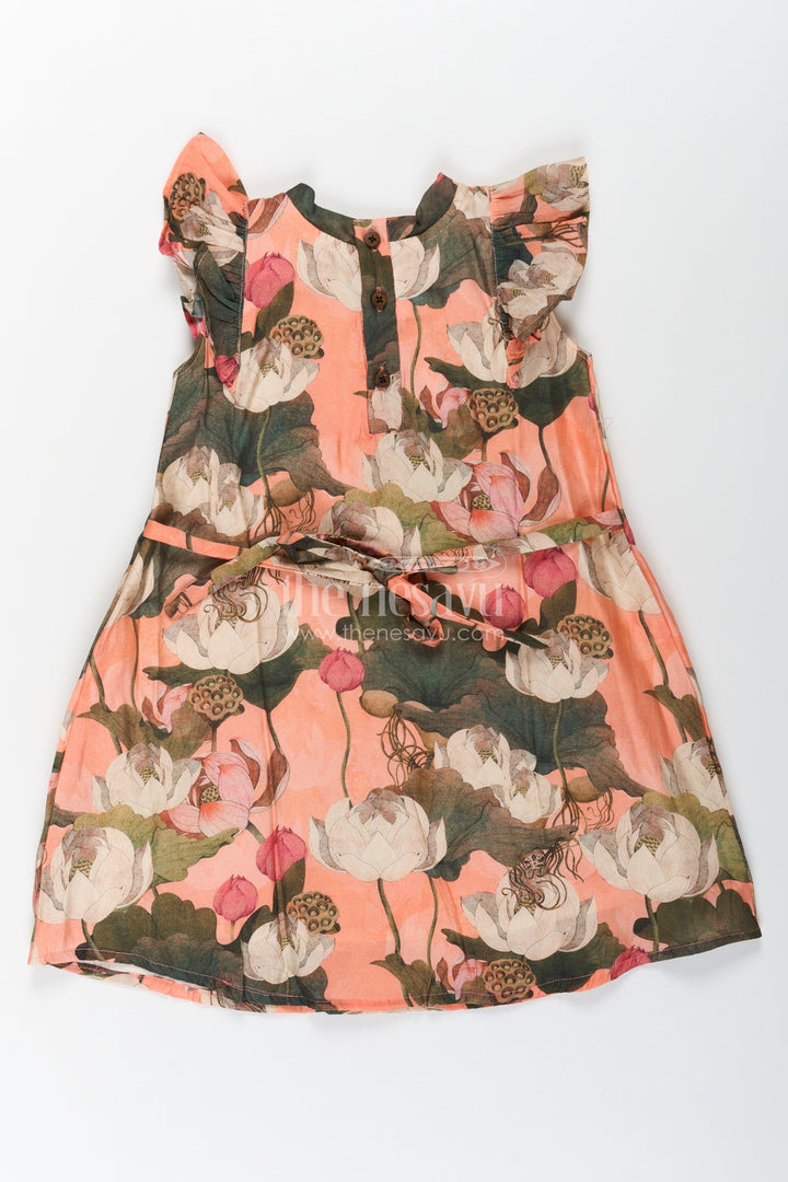 The Nesavu Girls Cotton Frock Girls Mini Frock Dress in Viscose with Bold Floral Digital Print and Ruffle Sleeves Nesavu Nesavu Girls Mini Frock Dress Soft Vicose Earthy Floral Digital Print Ruffle Sleeves