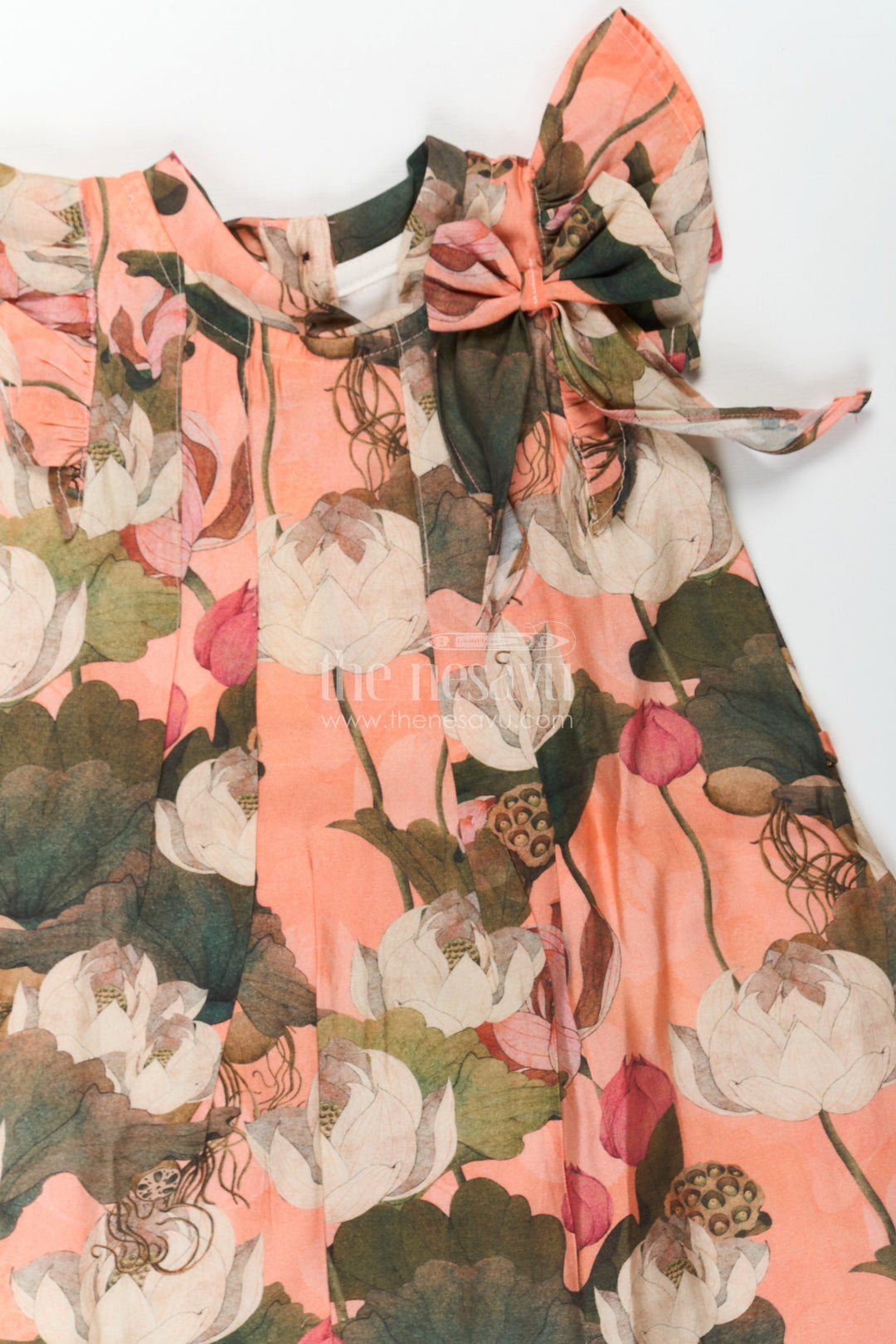 The Nesavu Girls Cotton Frock Girls Mini Frock Dress in Viscose with Bold Floral Digital Print and Ruffle Sleeves Nesavu Nesavu Girls Mini Frock Dress Soft Vicose Earthy Floral Digital Print Ruffle Sleeves