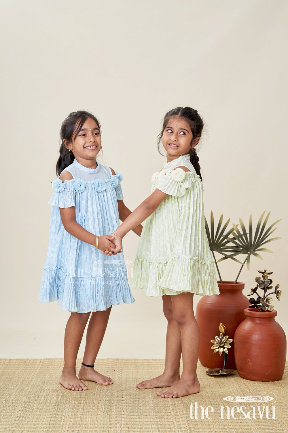 The Nesavu Girls Cotton Frock Girls Mini Organza Frock in Light Green with Crushed Texture and Floral Embellishments for Elegant Looks Nesavu Nesavu Girls Mini Organza Frock Light Green Crushed Texture Floral Puff Sleeve Design