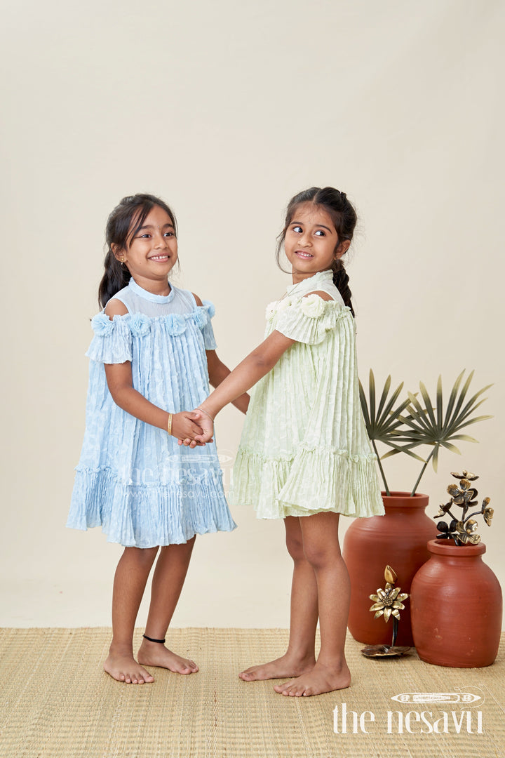 The Nesavu Girls Cotton Frock Girls Mini Organza Frock in Light Green with Crushed Texture and Floral Embellishments for Elegant Looks Nesavu Nesavu Girls Mini Organza Frock Light Green Crushed Texture Floral Puff Sleeve Design