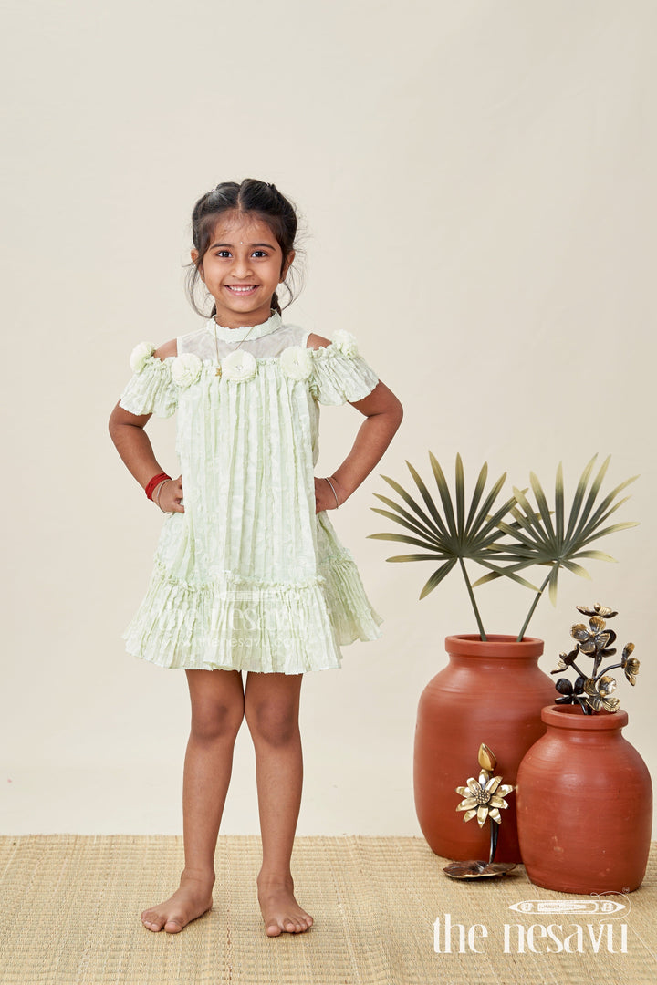 The Nesavu Girls Cotton Frock Girls Mini Organza Frock in Light Green with Crushed Texture and Floral Embellishments for Elegant Looks Nesavu Nesavu Girls Mini Organza Frock Light Green Crushed Texture Floral Puff Sleeve Design