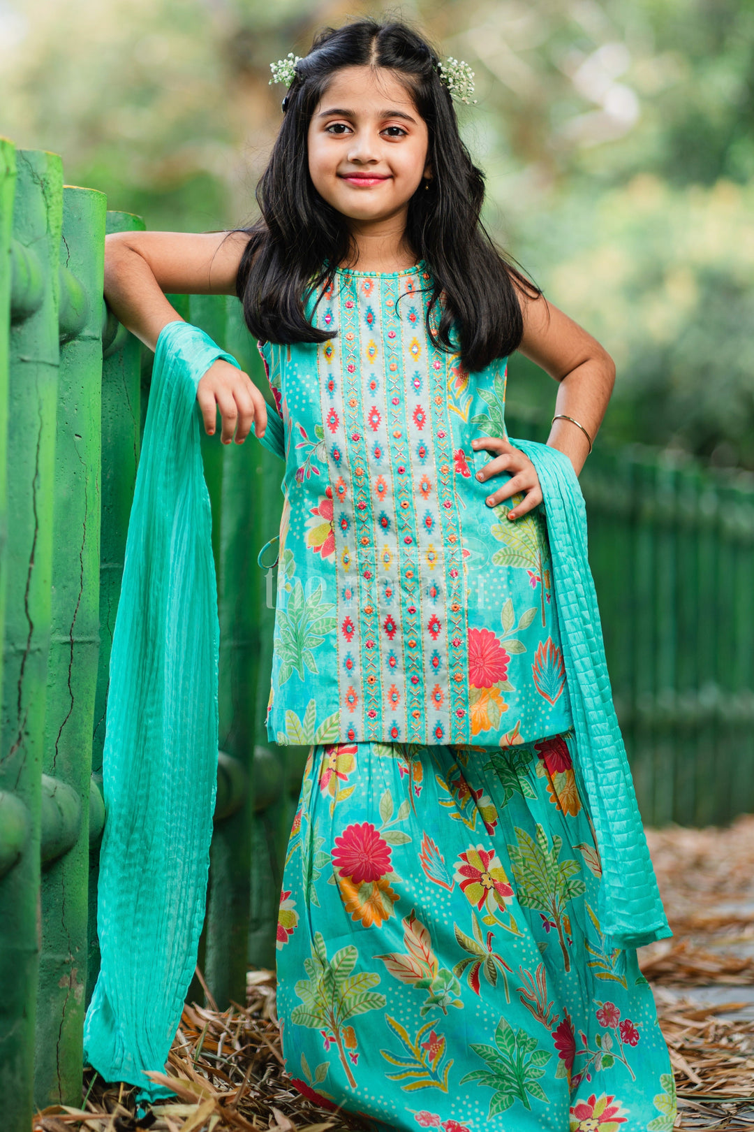 The Nesavu Girls Sharara / Plazo Set Girls Mint Green Sharara Plazo Set with Floral Print and Tassel Detailing Nesavu 16 (1Y) / Turquoise GPS413B-16 Nesavu Mint Green Sharara Plazo Set Floral Print Embroidery Girls 