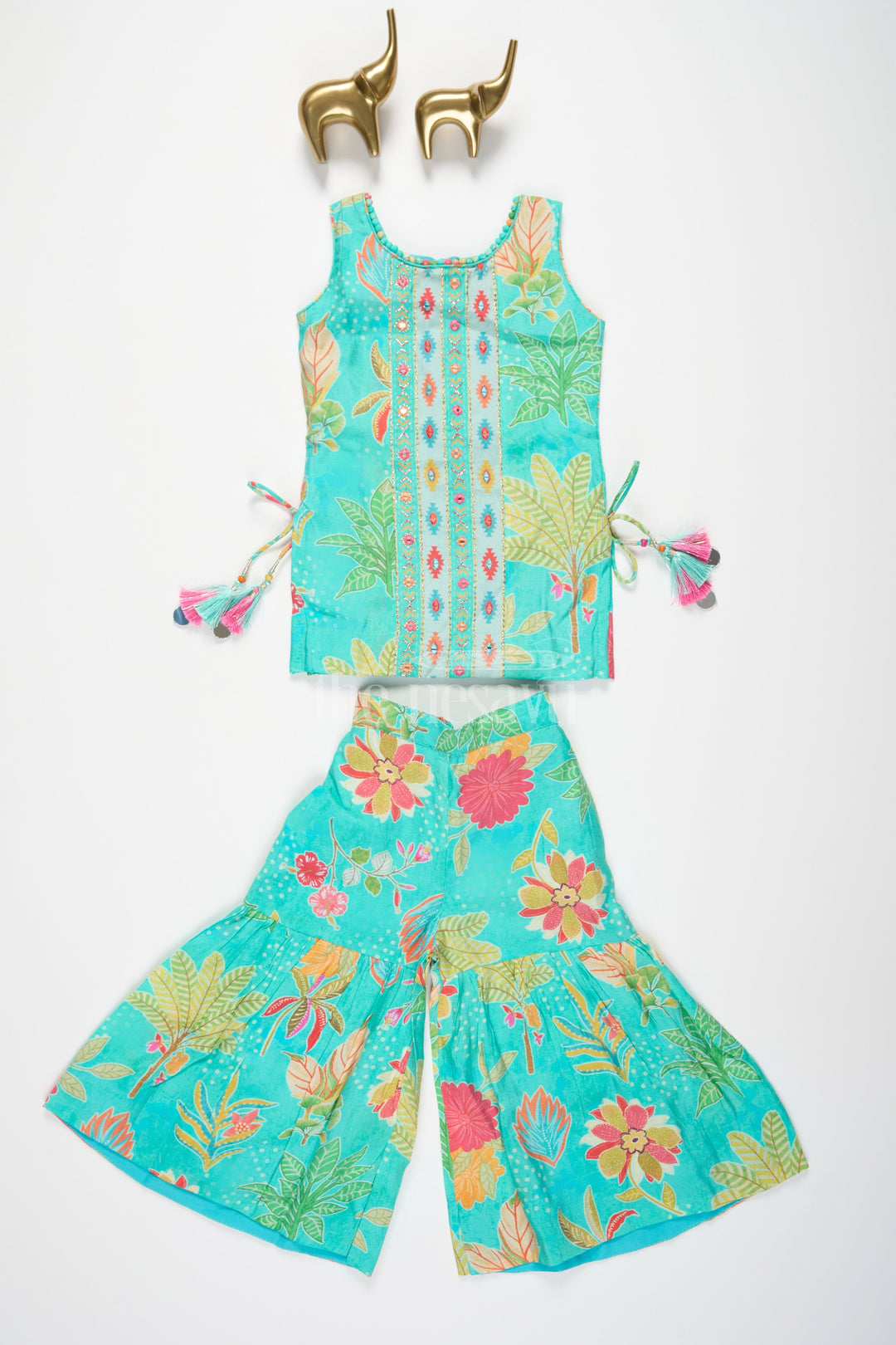 The Nesavu Girls Sharara / Plazo Set Girls Mint Green Sharara Plazo Set with Floral Print and Tassel Detailing Nesavu Nesavu Mint Green Sharara Plazo Set Floral Print Embroidery Girls 