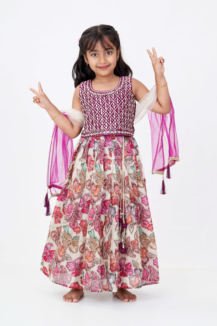 The Nesavu Girls Lehenga Choli Girls Mirror Work Choli with Digital Printed Georgette Skirt for Stylish Festive Look Nesavu 18 (2Y) / Magenta GL562A-18 Girls Mirror Work Choli Digital Printed Georgette Skirt Festive Wedding Wear | The Nesavu