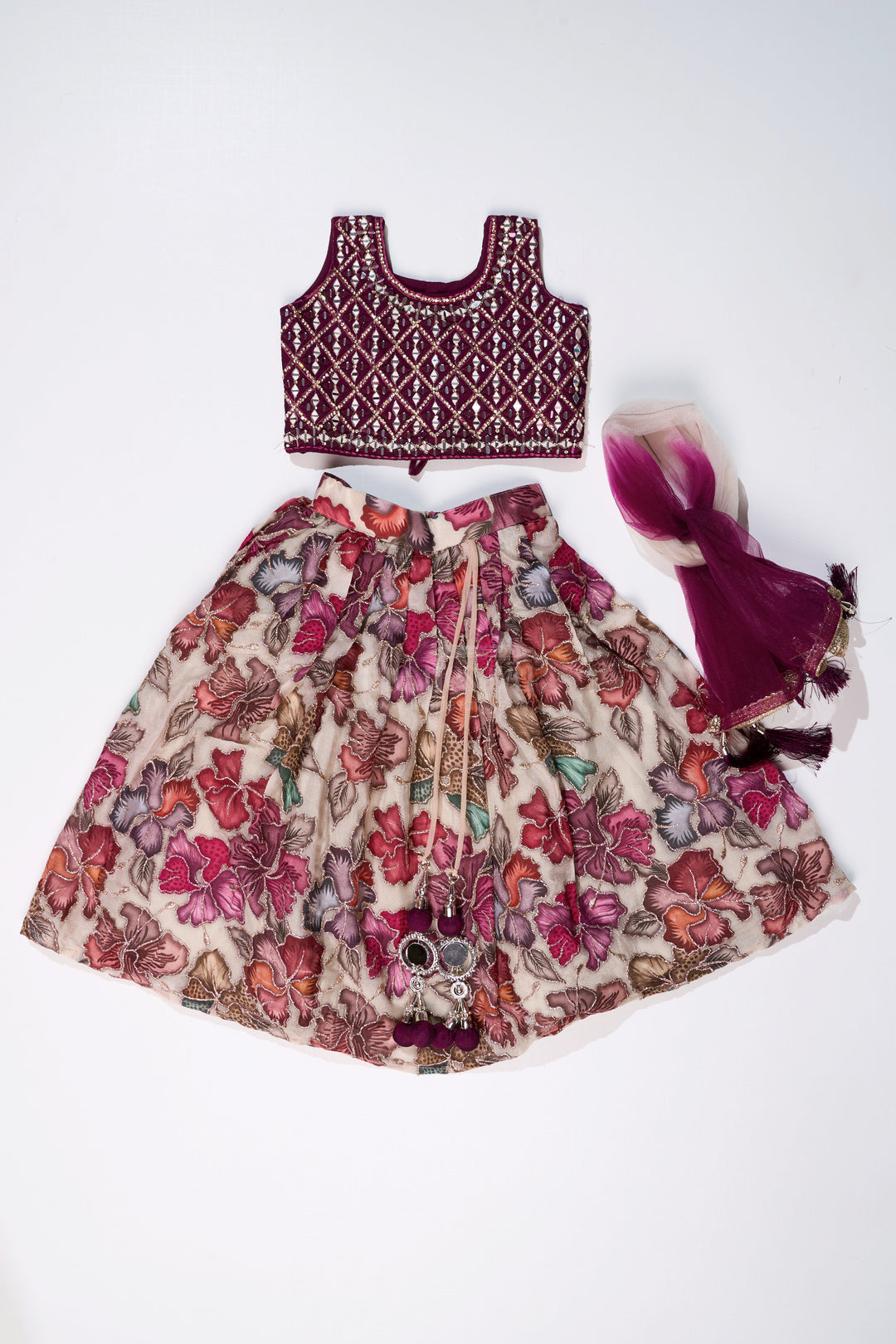 The Nesavu Girls Lehenga Choli Girls Mirror Work Choli with Digital Printed Georgette Skirt for Stylish Festive Look Nesavu Girls Mirror Work Choli Digital Printed Georgette Skirt Festive Wedding Wear | The Nesavu