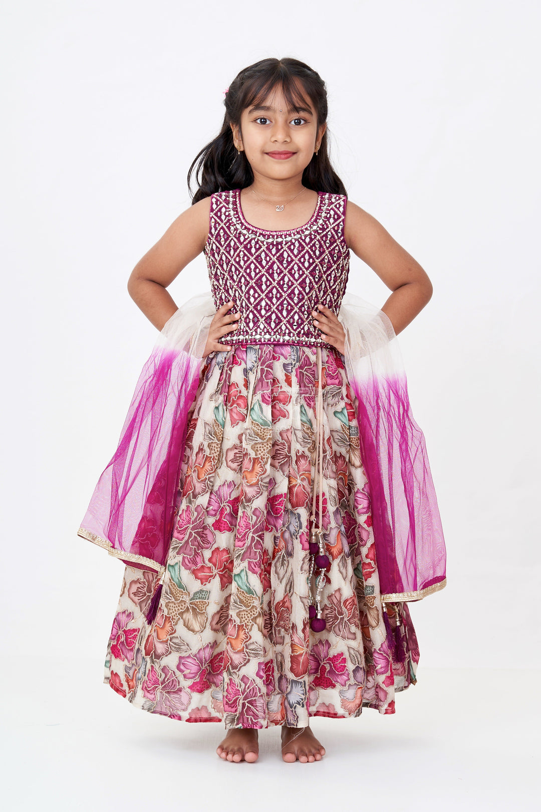 The Nesavu Girls Lehenga Choli Girls Mirror Work Choli with Digital Printed Georgette Skirt for Stylish Festive Look Nesavu Girls Mirror Work Choli Digital Printed Georgette Skirt Festive Wedding Wear | The Nesavu