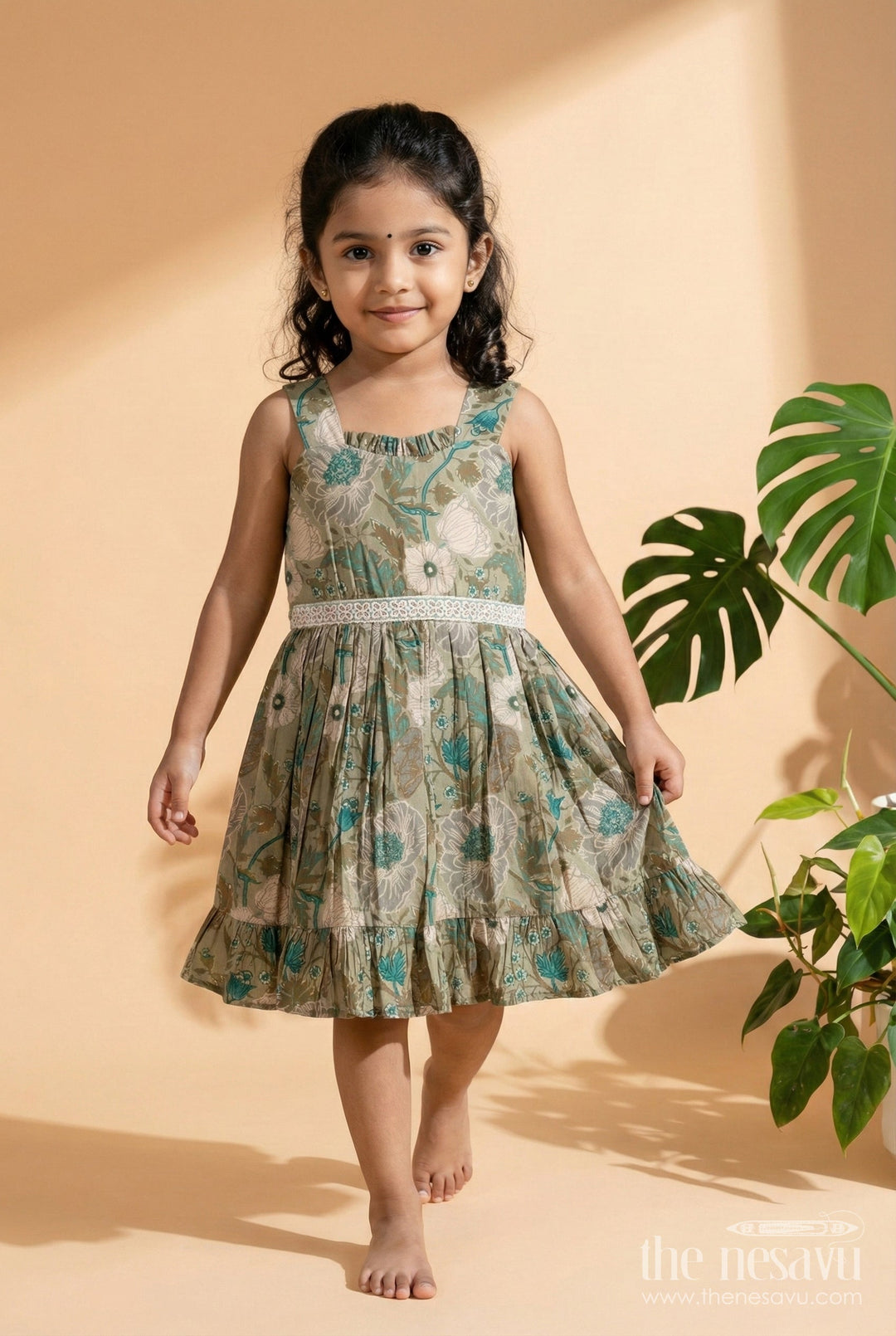 The Nesavu Girls Cotton Frock Girls Modal Silk Frock for Festive Events and Wedding Functions Nesavu 18 (2Y) / GREEN GFC1973B-18 Nesavu modal silk frock toddler girls floral digital print lace festive events