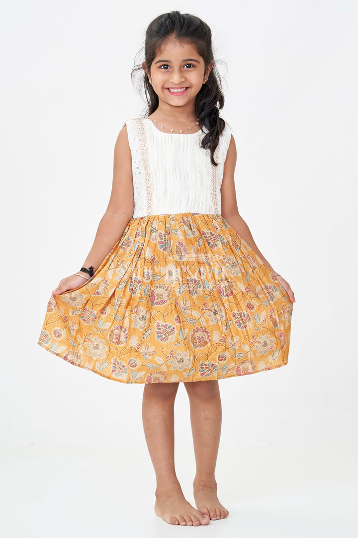 The Nesavu Girls Fancy Frock Girls Modal Silk Frock with Eyelet Yoke and Floral Skirt in Printed Frock Design Style Nesavu 18 (2Y) / Yellow GFC1730A-18 Girls printed frock design Modal Silk Digital Floral Skirt Embroidered Eyelet Yoke | The Nesavu