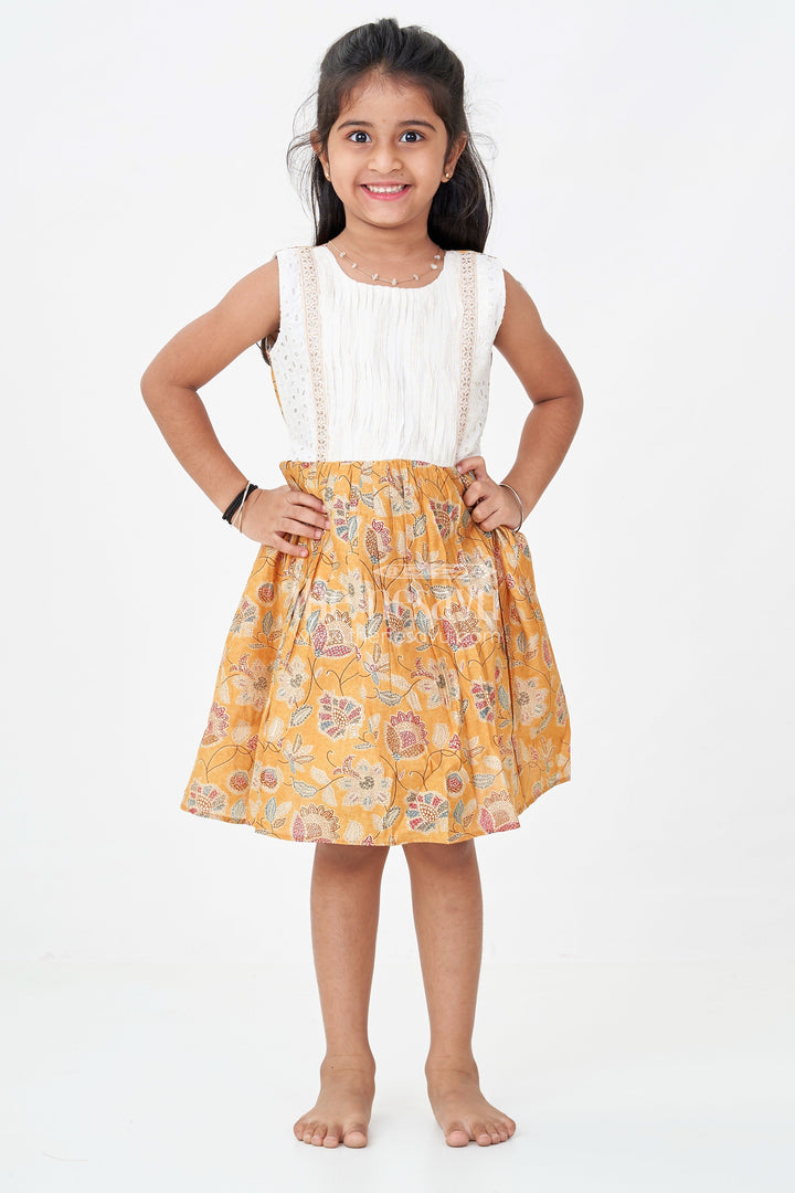 The Nesavu Girls Fancy Frock Girls Modal Silk Frock with Eyelet Yoke and Floral Skirt in Printed Frock Design Style Nesavu Girls printed frock design Modal Silk Digital Floral Skirt Embroidered Eyelet Yoke | The Nesavu