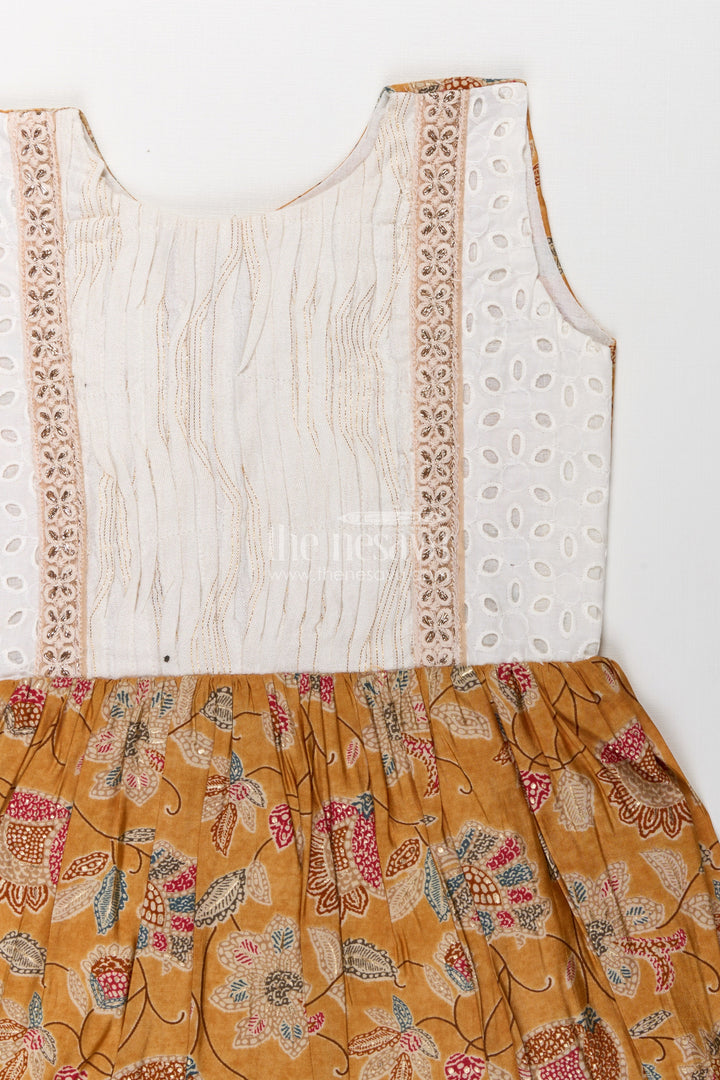 The Nesavu Girls Fancy Frock Girls Modal Silk Frock with Eyelet Yoke and Floral Skirt in Printed Frock Design Style Nesavu Girls printed frock design Modal Silk Digital Floral Skirt Embroidered Eyelet Yoke | The Nesavu