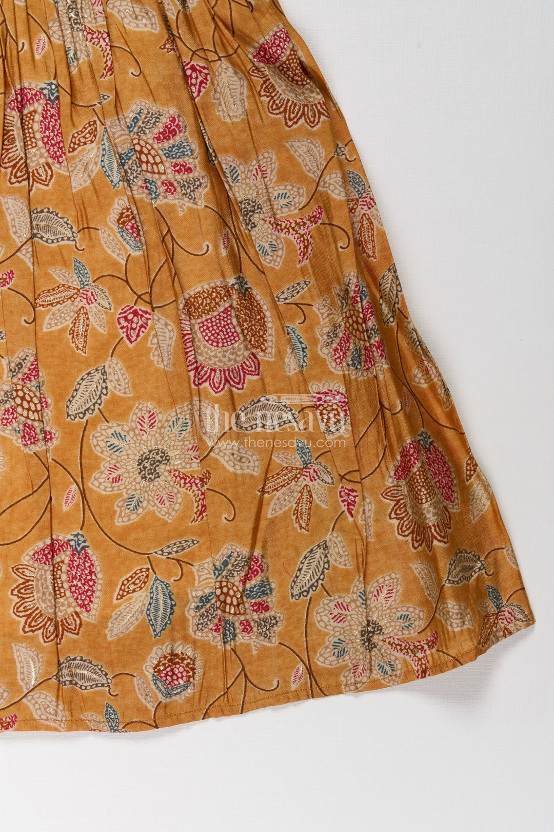 The Nesavu Girls Fancy Frock Girls Modal Silk Frock with Eyelet Yoke and Floral Skirt in Printed Frock Design Style Nesavu Girls printed frock design Modal Silk Digital Floral Skirt Embroidered Eyelet Yoke | The Nesavu