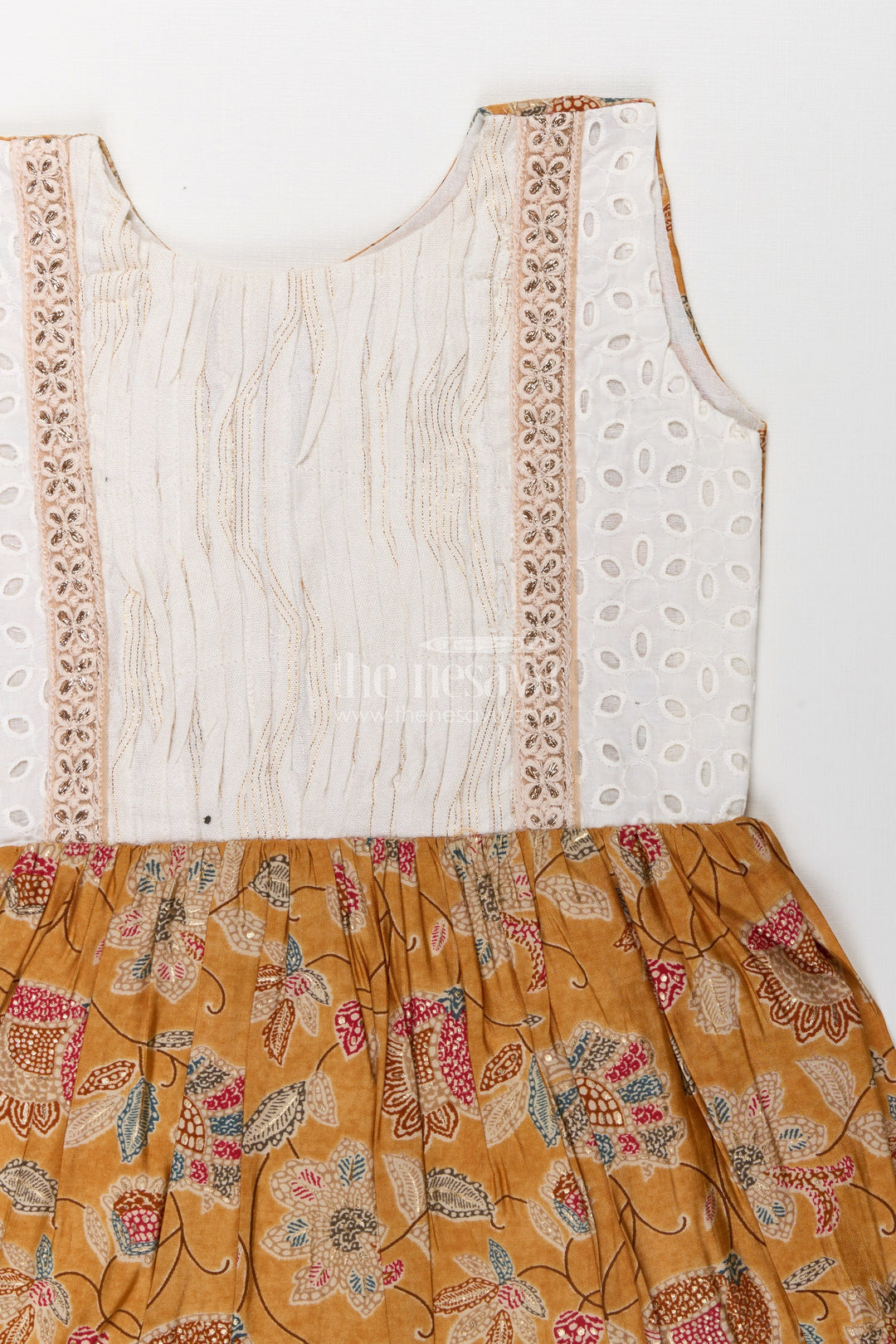 The Nesavu Girls Fancy Frock Girls Modal Silk Frock with Eyelet Yoke and Floral Skirt in Printed Frock Design Style Nesavu Girls printed frock design Modal Silk Digital Floral Skirt Embroidered Eyelet Yoke | The Nesavu