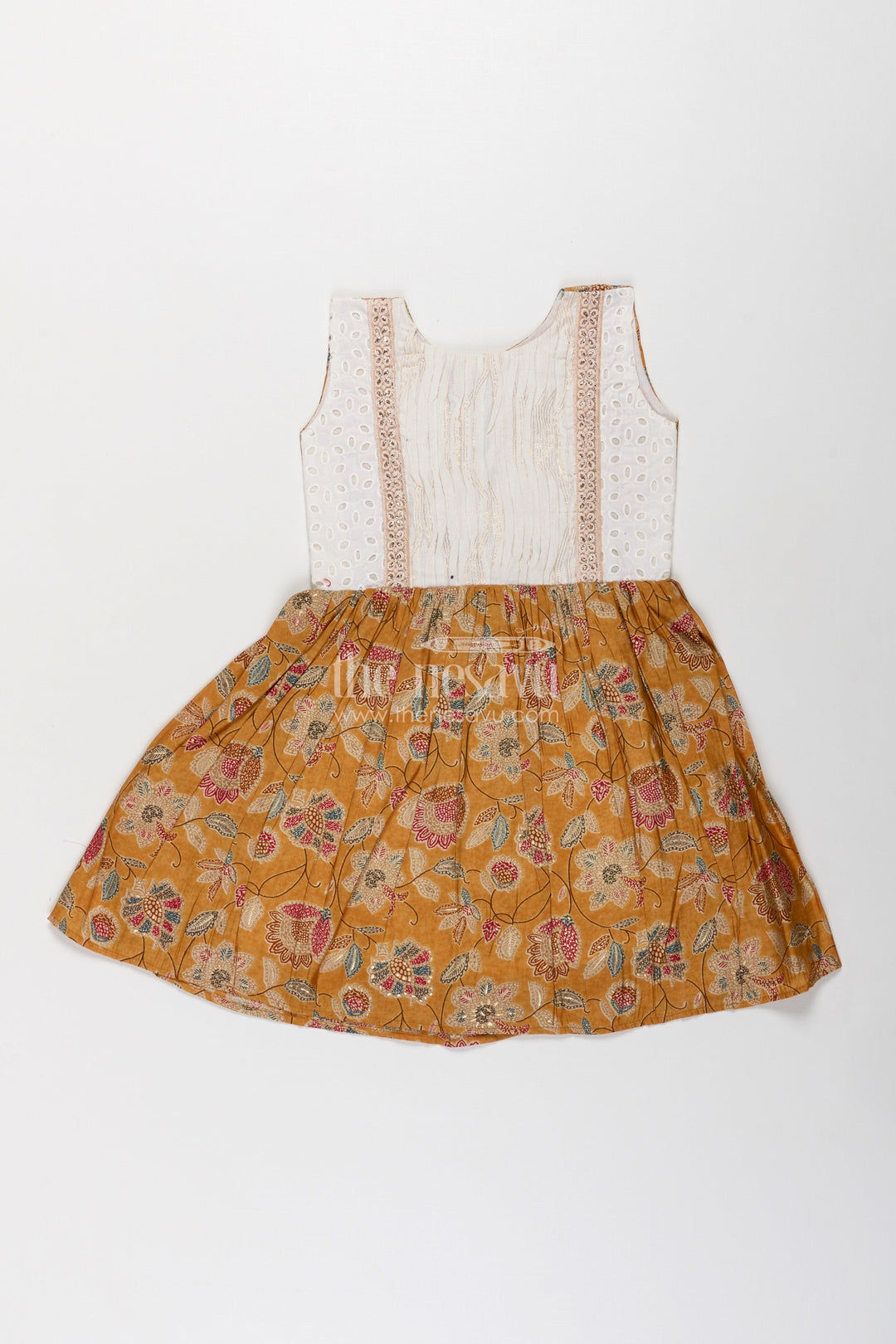 The Nesavu Girls Fancy Frock Girls Modal Silk Frock with Eyelet Yoke and Floral Skirt in Printed Frock Design Style Nesavu Girls printed frock design Modal Silk Digital Floral Skirt Embroidered Eyelet Yoke | The Nesavu