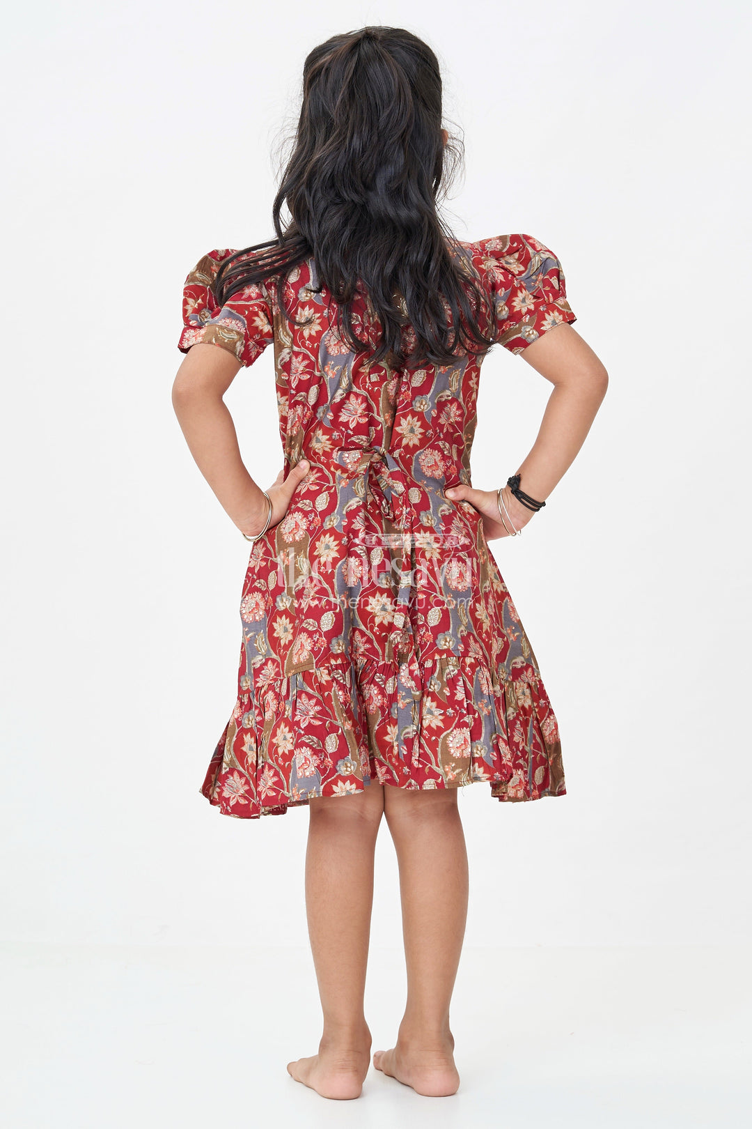 The Nesavu Girls Fancy Frock Girls Modal Silk Frock with Ruffle Hem in Red Floral Digital Print and Puff Sleeves for Chic Comfort Nesavu Nesavu Red Floral Modal Silk Frock Top Design Ruffle Hem Puff Sleeves Girls