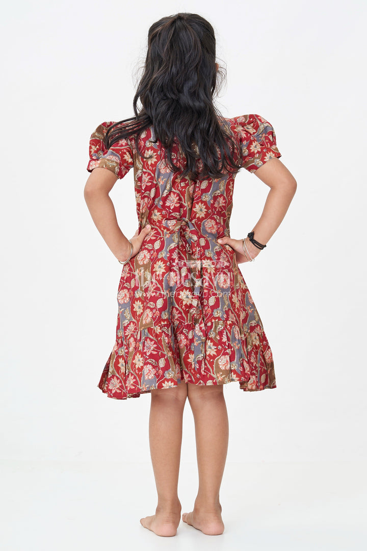 The Nesavu Girls Fancy Frock Girls Modal Silk Frock with Ruffle Hem in Red Floral Digital Print and Puff Sleeves for Chic Comfort Nesavu Nesavu Red Floral Modal Silk Frock Top Design Ruffle Hem Puff Sleeves Girls