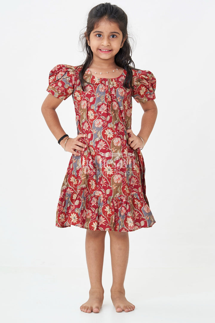 The Nesavu Girls Fancy Frock Girls Modal Silk Frock with Ruffle Hem in Red Floral Digital Print and Puff Sleeves for Chic Comfort Nesavu Nesavu Red Floral Modal Silk Frock Top Design Ruffle Hem Puff Sleeves Girls