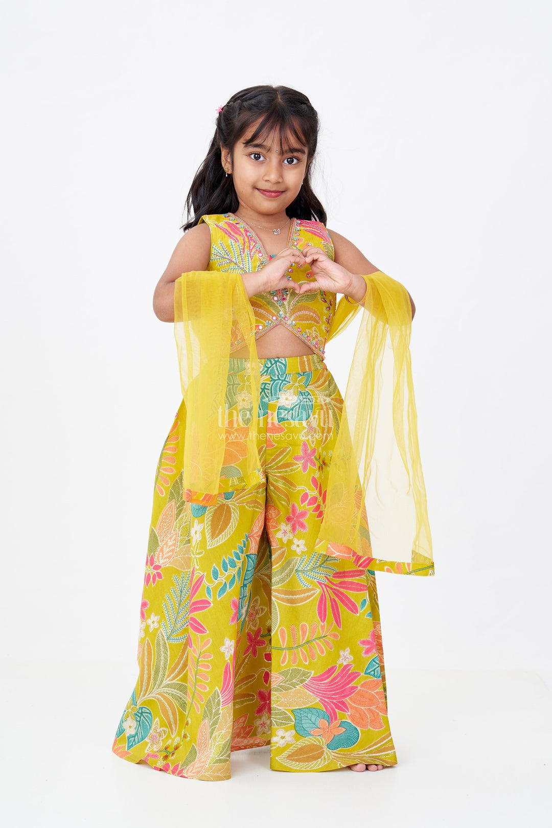 The Nesavu Girls Sharara / Plazo Set Girls Modern Classy Sharara Dress in Muslin Silk with Vibrant Digital Floral Print Nesavu 16 (1Y) / Green GPS527A-16 Girls Modern Classy Sharara Dress Digital Floral Print Muslin Silk | The Nesavu