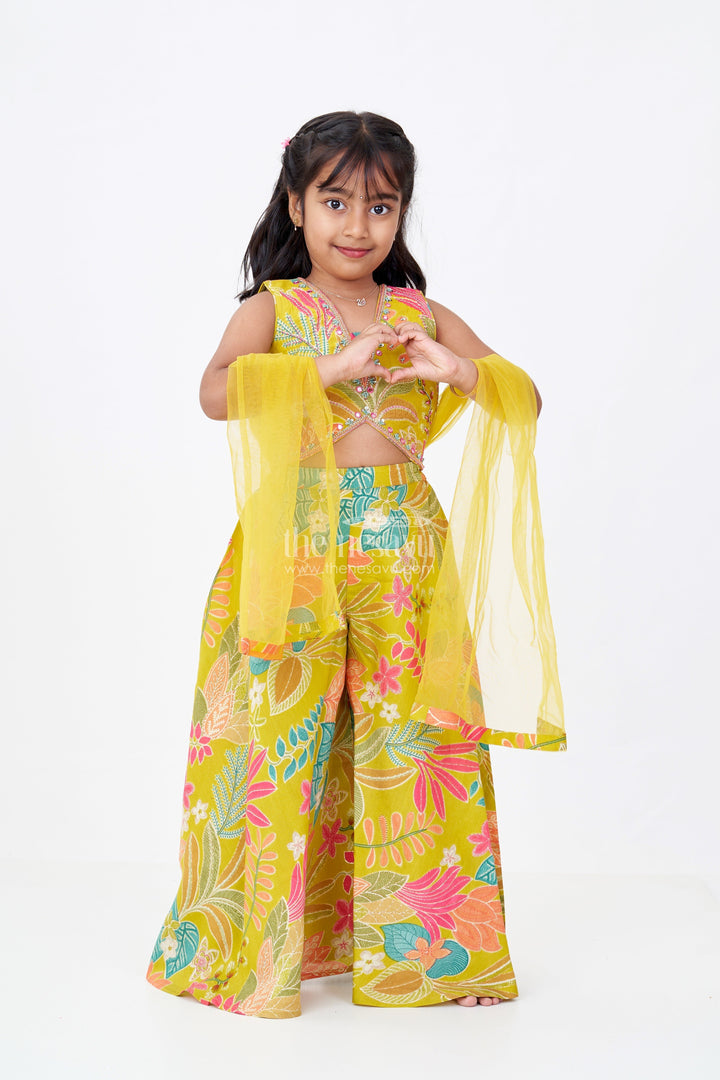 The Nesavu Girls Sharara / Plazo Set Girls Modern Classy Sharara Dress in Muslin Silk with Vibrant Digital Floral Print Nesavu 16 (1Y) / Green GPS527A-16 Girls Modern Classy Sharara Dress Digital Floral Print Muslin Silk | The Nesavu