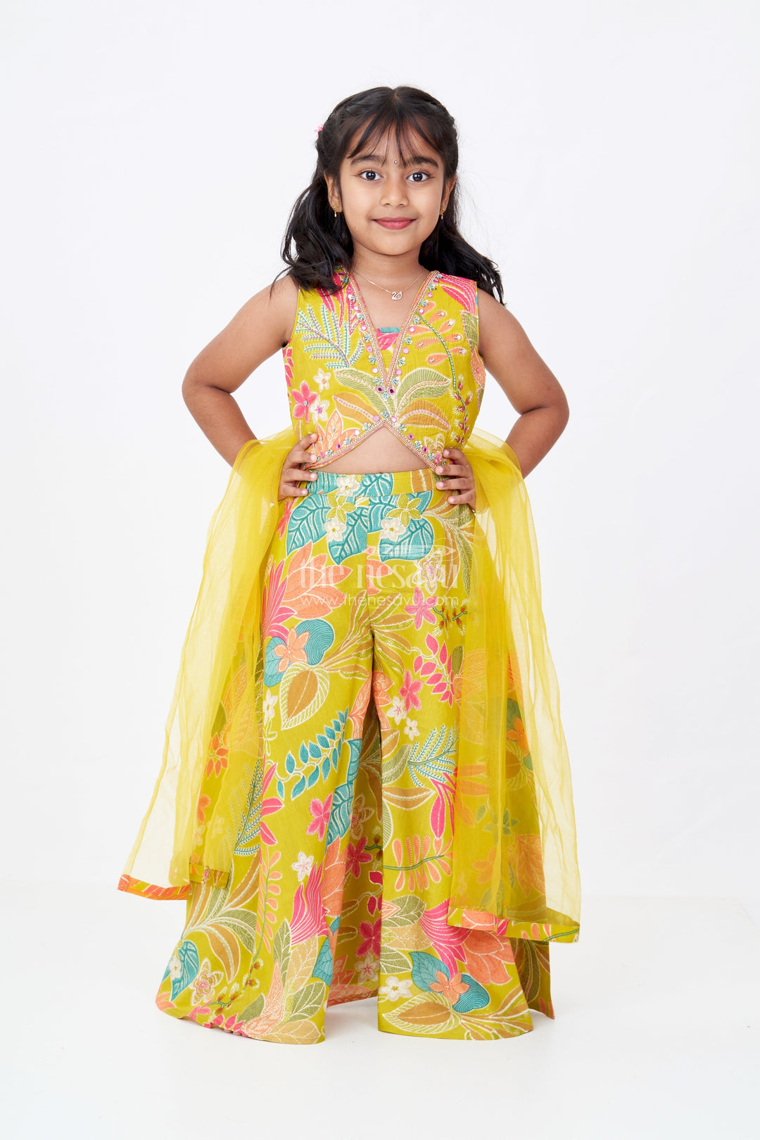 The Nesavu Girls Sharara / Plazo Set Girls Modern Classy Sharara Dress in Muslin Silk with Vibrant Digital Floral Print Nesavu Girls Modern Classy Sharara Dress Digital Floral Print Muslin Silk | The Nesavu