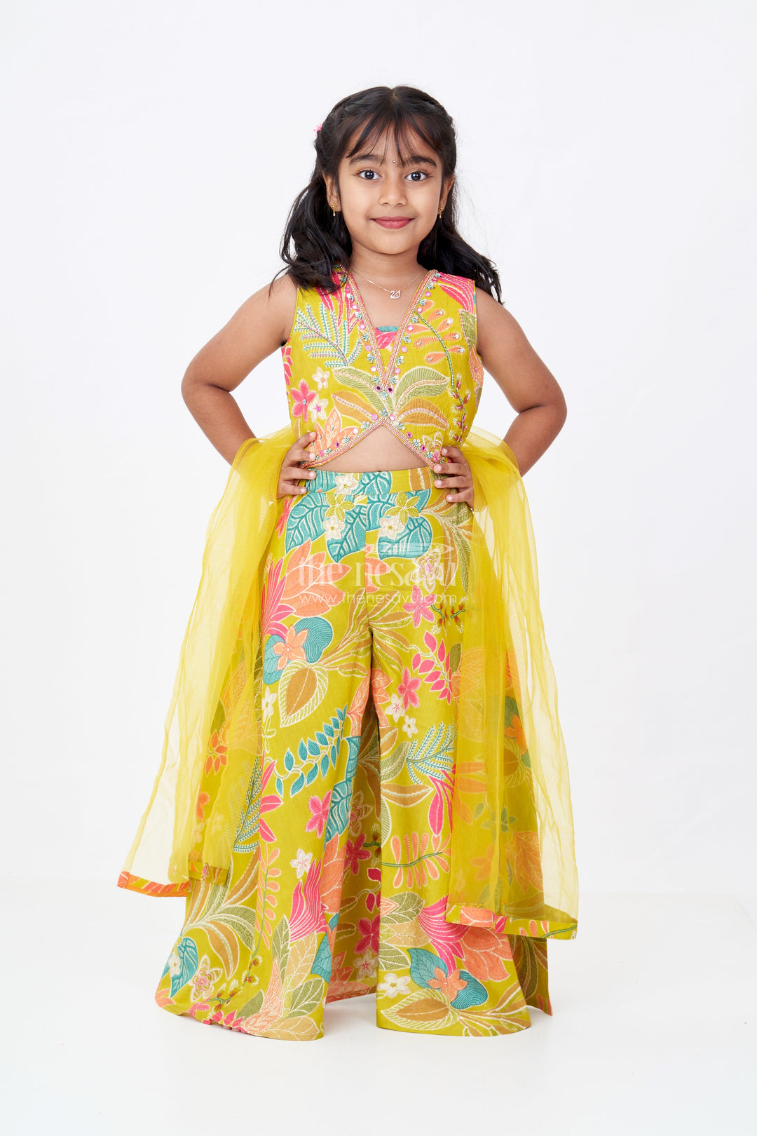The Nesavu Girls Sharara / Plazo Set Girls Modern Classy Sharara Dress in Muslin Silk with Vibrant Digital Floral Print Nesavu Nesavu Girls Modern Classy Sharara Dress Digital Floral Print Muslin Silk