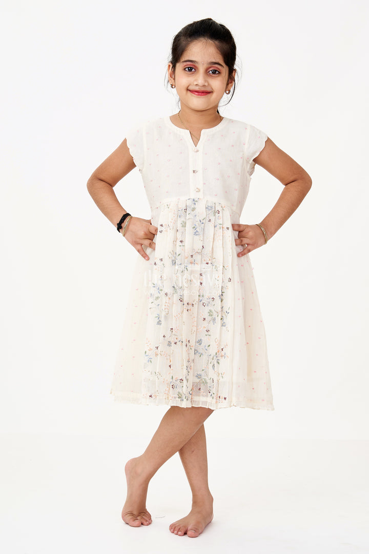 The Nesavu Girls Cotton Frock Girls Modern Frock in Cream Cotton Blend with Sequin Thread Embroidery and Pleated Hem Nesavu 22 (4Y) / Cream GFC1659A-22 Nesavu Girls Modern Frock Cream Cotton Sequin Thread Embroidery Soft Pleated Finish