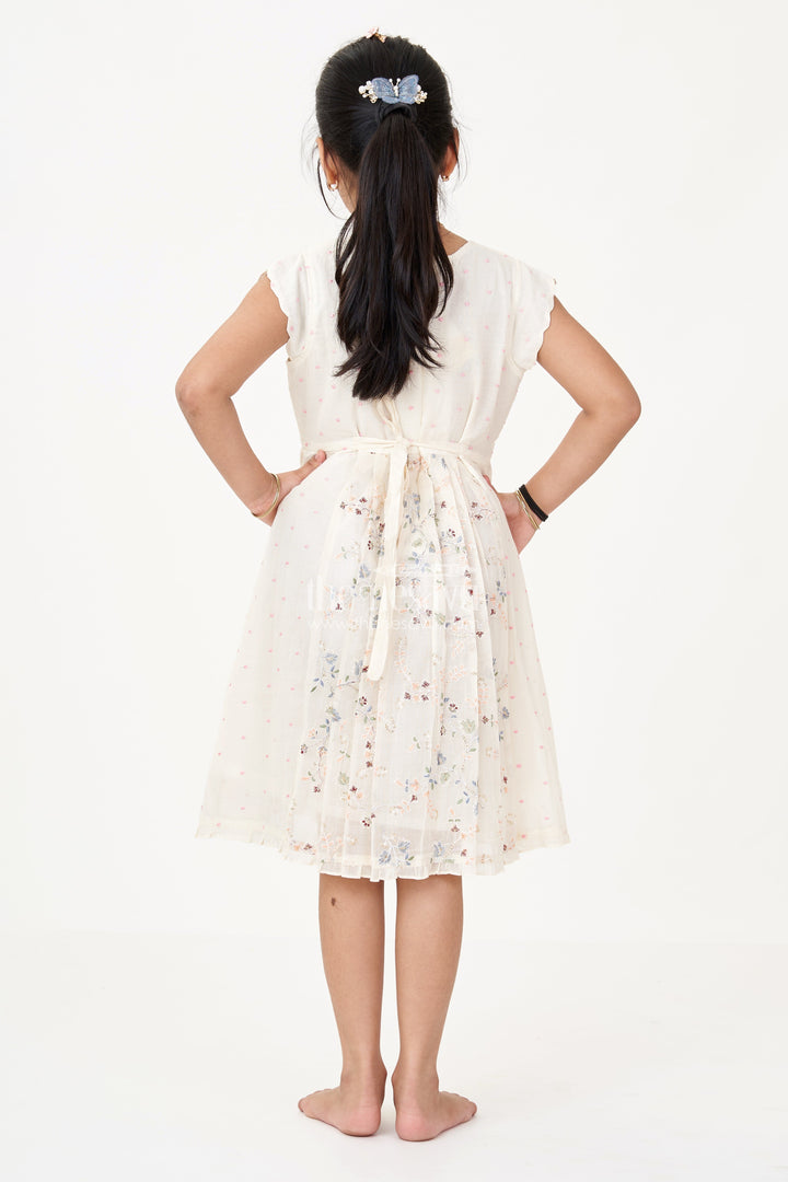 The Nesavu Girls Cotton Frock Girls Modern Frock in Cream Cotton Blend with Sequin Thread Embroidery and Pleated Hem Nesavu Nesavu Girls Modern Frock Cream Cotton Sequin Thread Embroidery Soft Pleated Finish