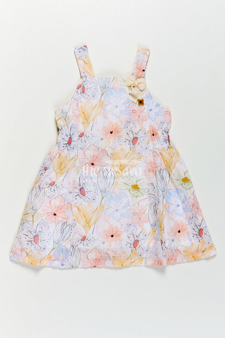 The Nesavu Girls Cotton Frock Girls Multi Color Frock in Cotton with Soft Digital Floral Print and Sleeveless Shoulder Straps for Summer Style Nesavu Girls Multi Color Cotton Frock Pastel Digital Floral Print Sleeveless Design | The Nesavu