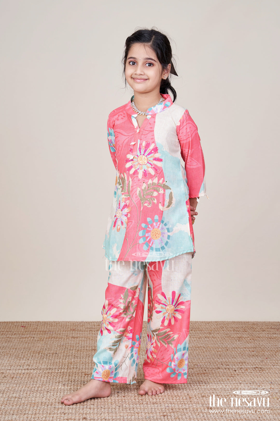 The Nesavu Girls Co-Ord Sets Girls Multicolor Cotton Plazo Set with Floral Digital Print for Casual Festive Days Nesavu 24 (5Y) / Multicolor GPS665A-24 Nesavu multicolor cotton plazo set girls floral digital print collar neck