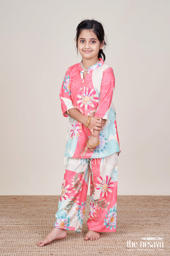The Nesavu Girls Co-Ord Sets Girls Multicolor Cotton Plazo Set with Floral Digital Print for Casual Festive Days Nesavu Nesavu multicolor cotton plazo set girls floral digital print collar neck