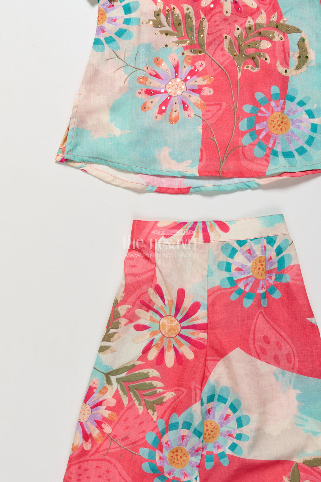 The Nesavu Girls Co-Ord Sets Girls Multicolor Cotton Plazo Set with Floral Digital Print for Casual Festive Days Nesavu Nesavu multicolor cotton plazo set girls floral digital print collar neck