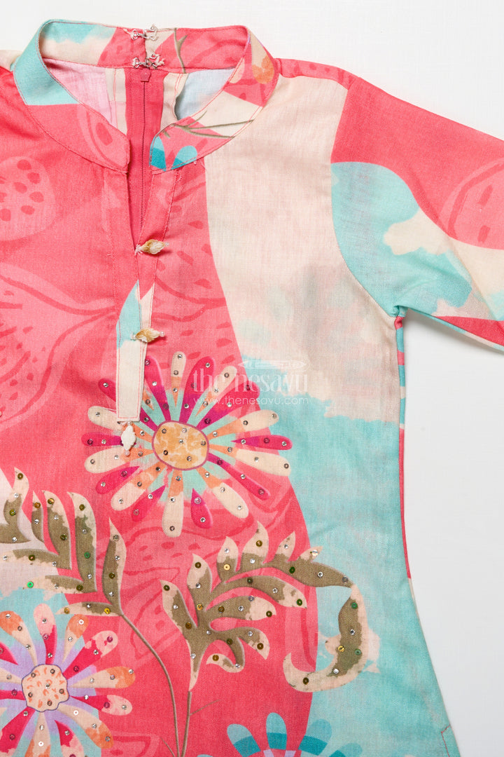 The Nesavu Girls Co-Ord Sets Girls Multicolor Cotton Plazo Set with Floral Digital Print for Casual Festive Days Nesavu Nesavu multicolor cotton plazo set girls floral digital print collar neck