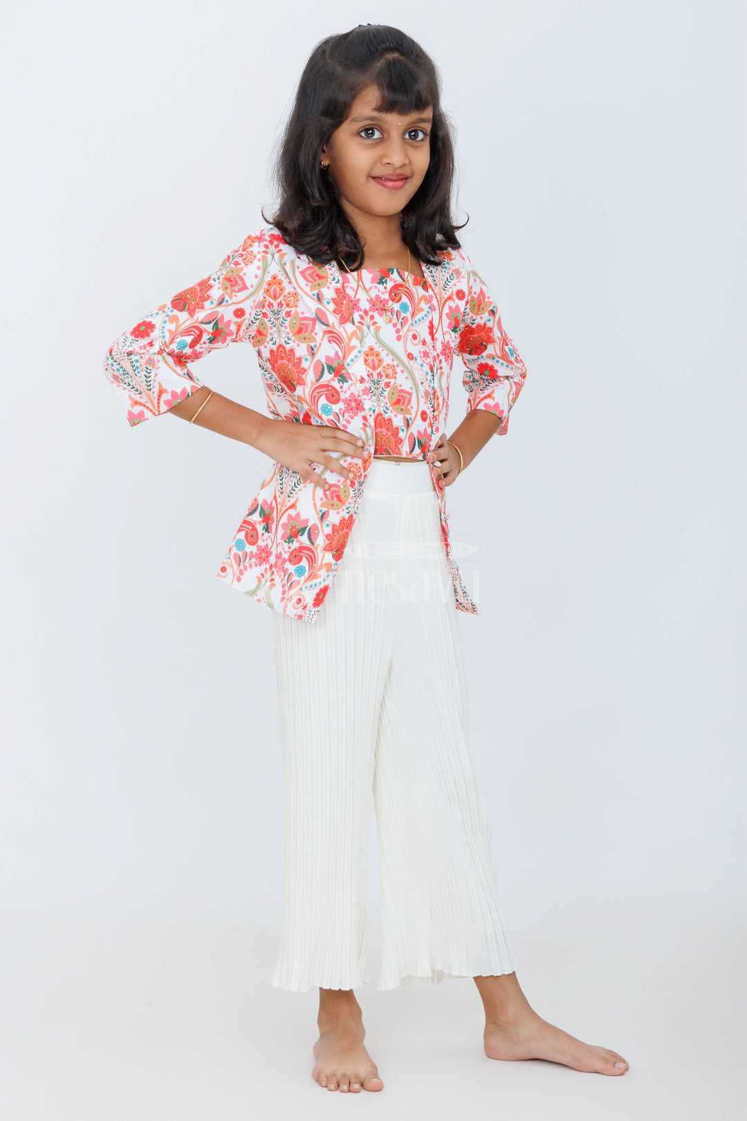 The Nesavu Girls Sharara / Plazo Set Girls Multicolor Floral Jacket with Cream Pleated Culottes for Daytime Outings and Casual Events Nesavu Nesavu Girls Multicolor Floral Jacket Cream Pleated Culottes Set Casual Events