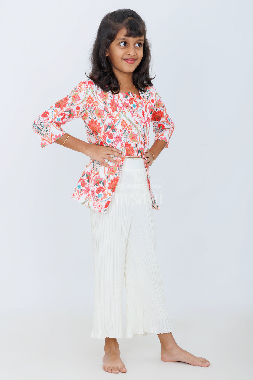 The Nesavu Girls Sharara / Plazo Set Girls Multicolor Floral Jacket with Cream Pleated Culottes for Daytime Outings and Casual Events Nesavu Nesavu Girls Multicolor Floral Jacket Cream Pleated Culottes Set Casual Events