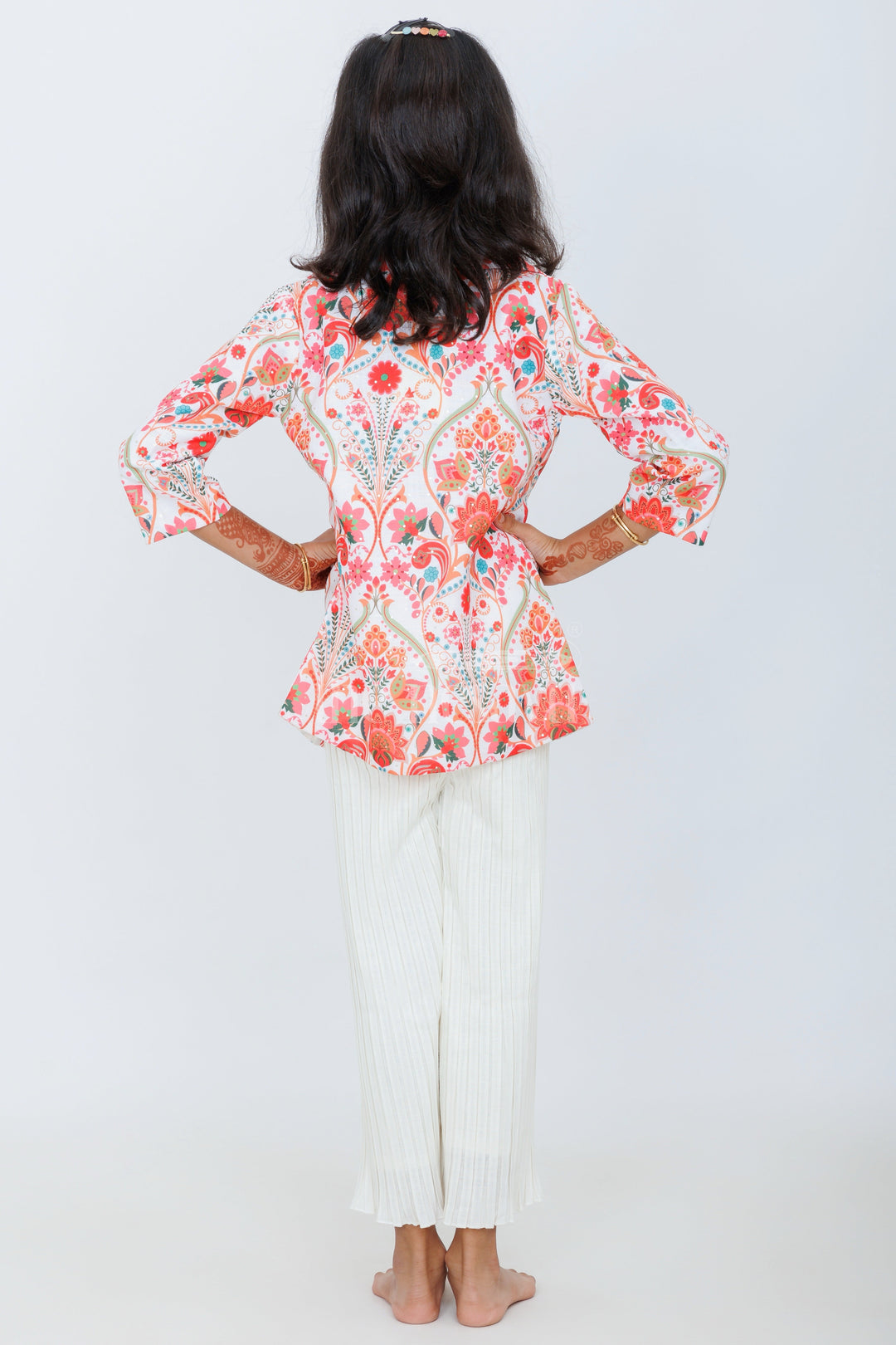 The Nesavu Girls Sharara / Plazo Set Girls Multicolor Floral Jacket with Cream Pleated Culottes for Daytime Outings and Casual Events Nesavu Nesavu Girls Multicolor Floral Jacket Cream Pleated Culottes Set Casual Events