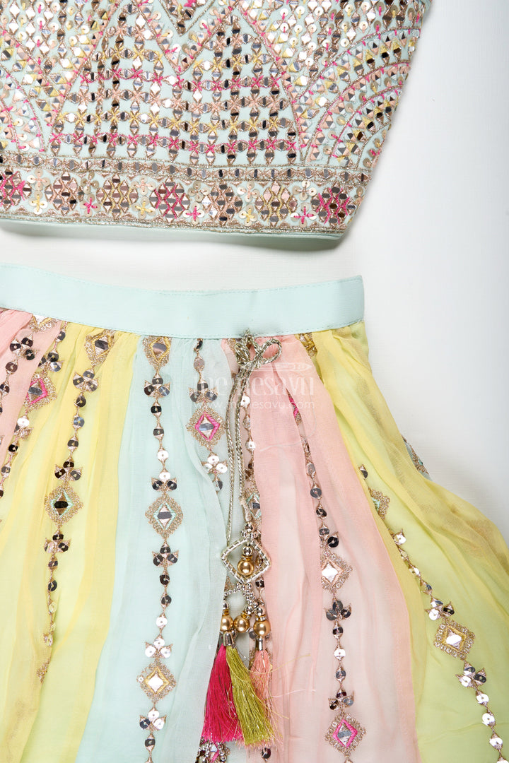 The Nesavu Girls Lehenga Choli Girls Multicolor Lehenga Choli with Mirror Embroidery and Tassels Nesavu Nesavu Multicolor Lehenga Choli Girls Heavy Mirror Embroidery