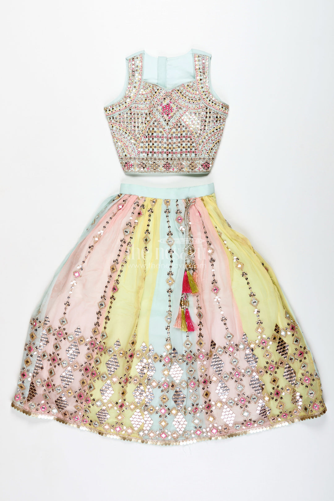 The Nesavu Girls Lehenga Choli Girls Multicolor Lehenga Choli with Mirror Embroidery and Tassels Nesavu Nesavu Multicolor Lehenga Choli Girls Heavy Mirror Embroidery