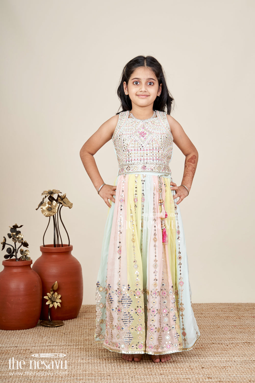 The Nesavu Girls Lehenga Choli Girls Multicolor Lehenga Choli With Mirror Embroidery And Tassels Nesavu Nesavu Multicolor Lehenga Choli Girls Heavy Mirror Embroidery