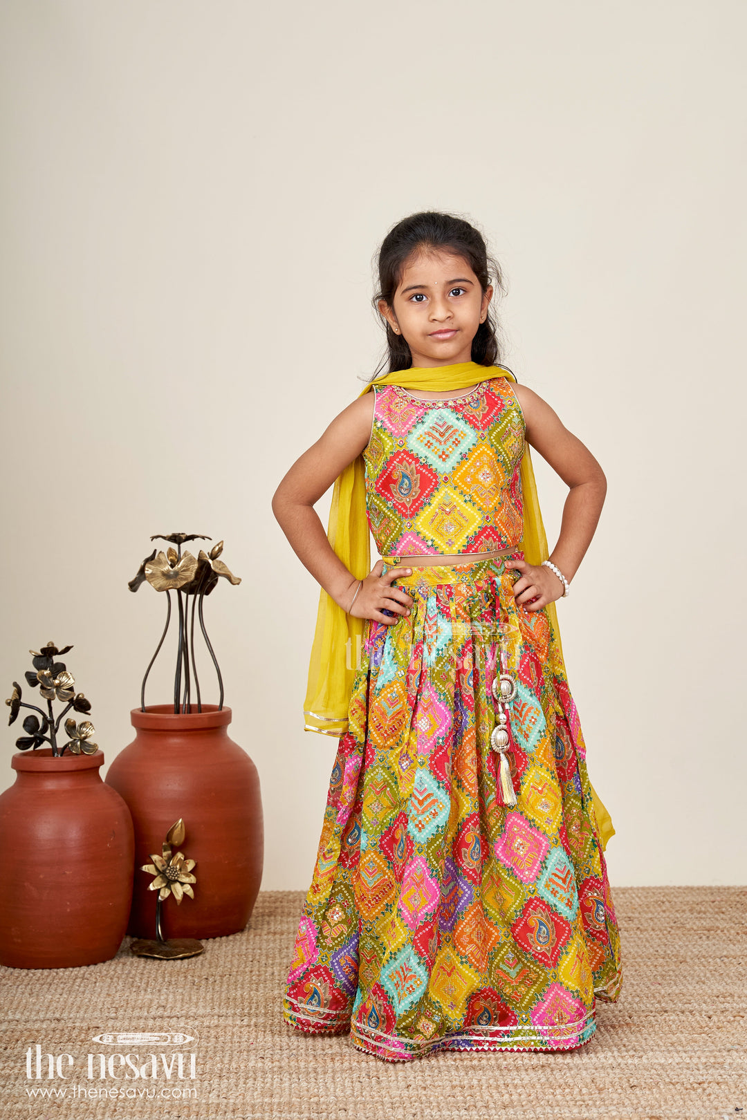 The Nesavu Girls Lehenga Choli Girls multicolor lehenga choli with mirror work for Navratri and weddings Nesavu 16 (1Y) / Yellow GL777A-16 Nesavu multicolor girls lehenga choli mirror work  festive ethnic wear Navratri weddings