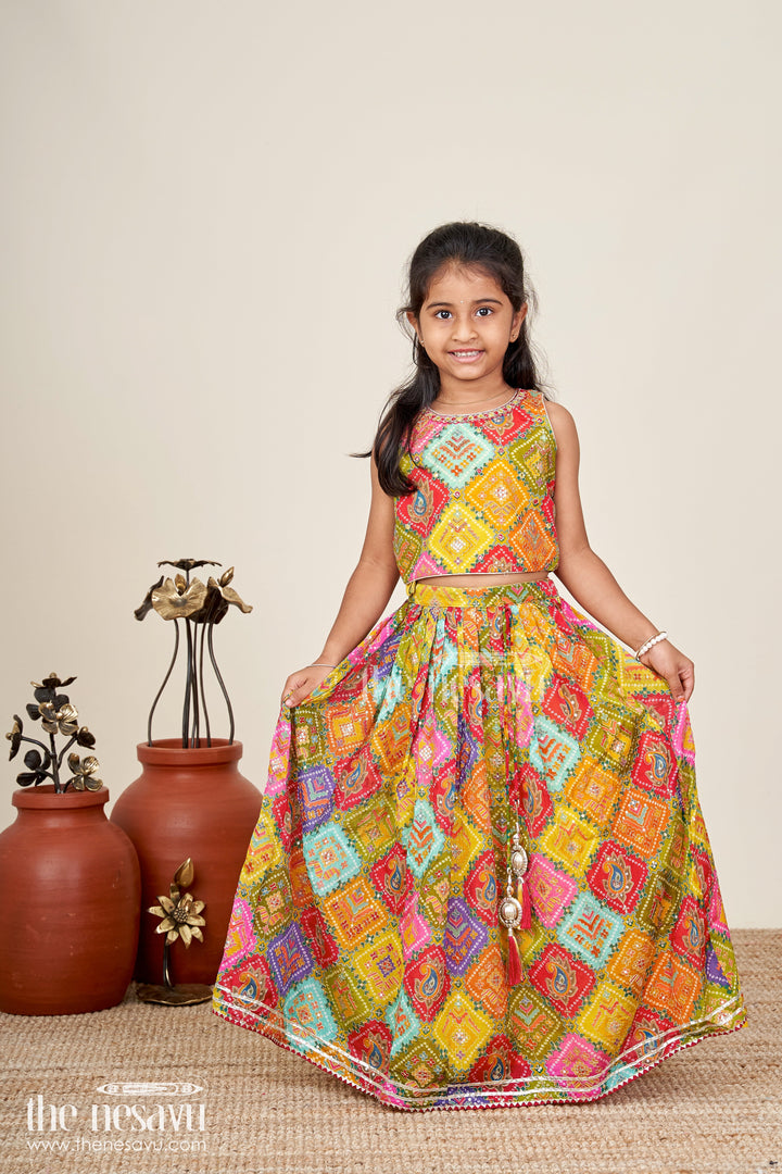 The Nesavu Girls Lehenga Choli Girls multicolor lehenga choli with mirror work for Navratri and weddings Nesavu Nesavu multicolor girls lehenga choli mirror work  festive ethnic wear Navratri weddings