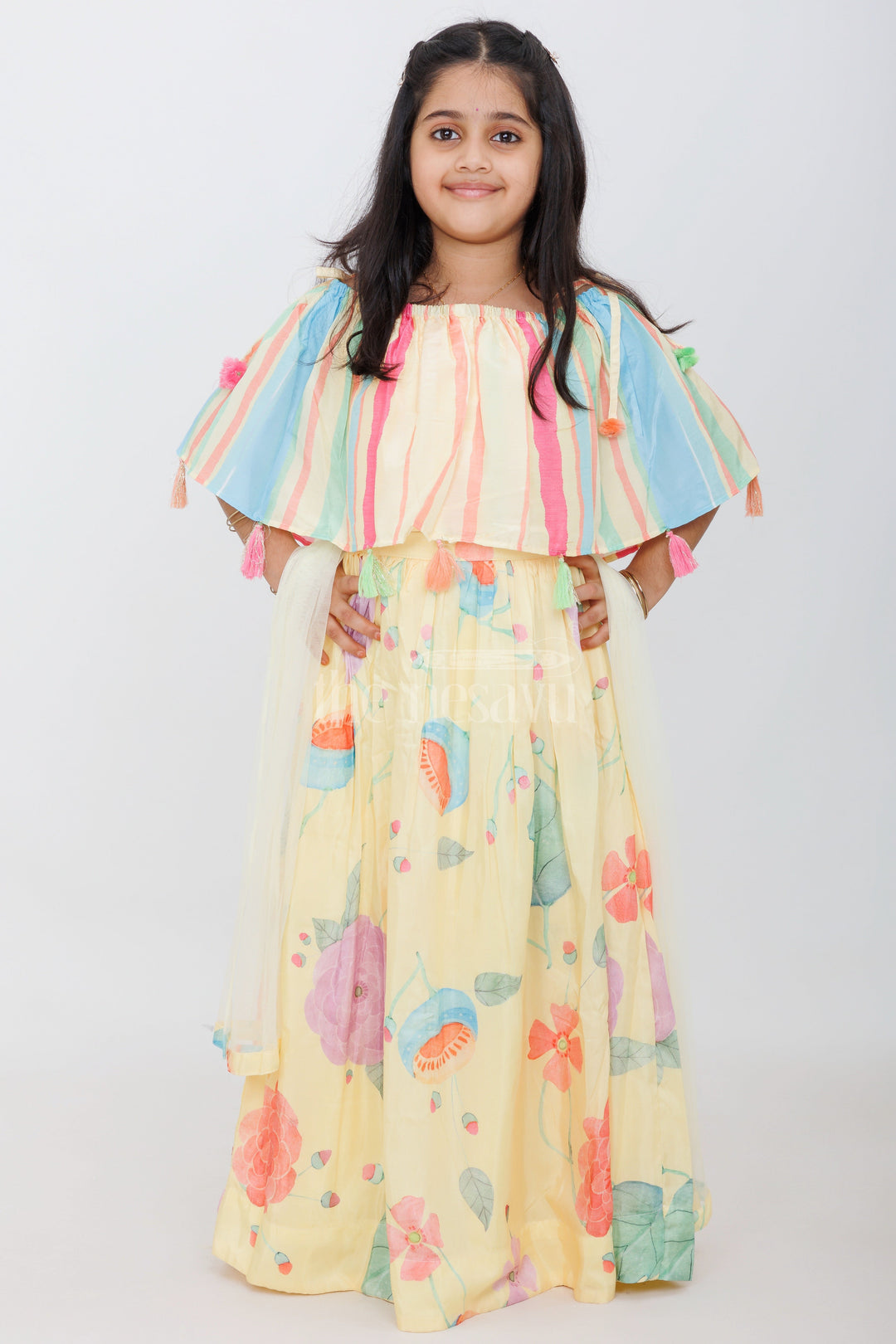 The Nesavu Girls Lehenga Choli Girls Multicolored Pure Muslin Silk Off-Shoulder Lehenga Choli with Tassels and Floral Prints Nesavu 16 (1Y) / multicolor GL519B-16 Nesavu Girls Multicolored Muslin Silk Off-Shoulder Lehenga Tassels Floral Prints Summer Weddings