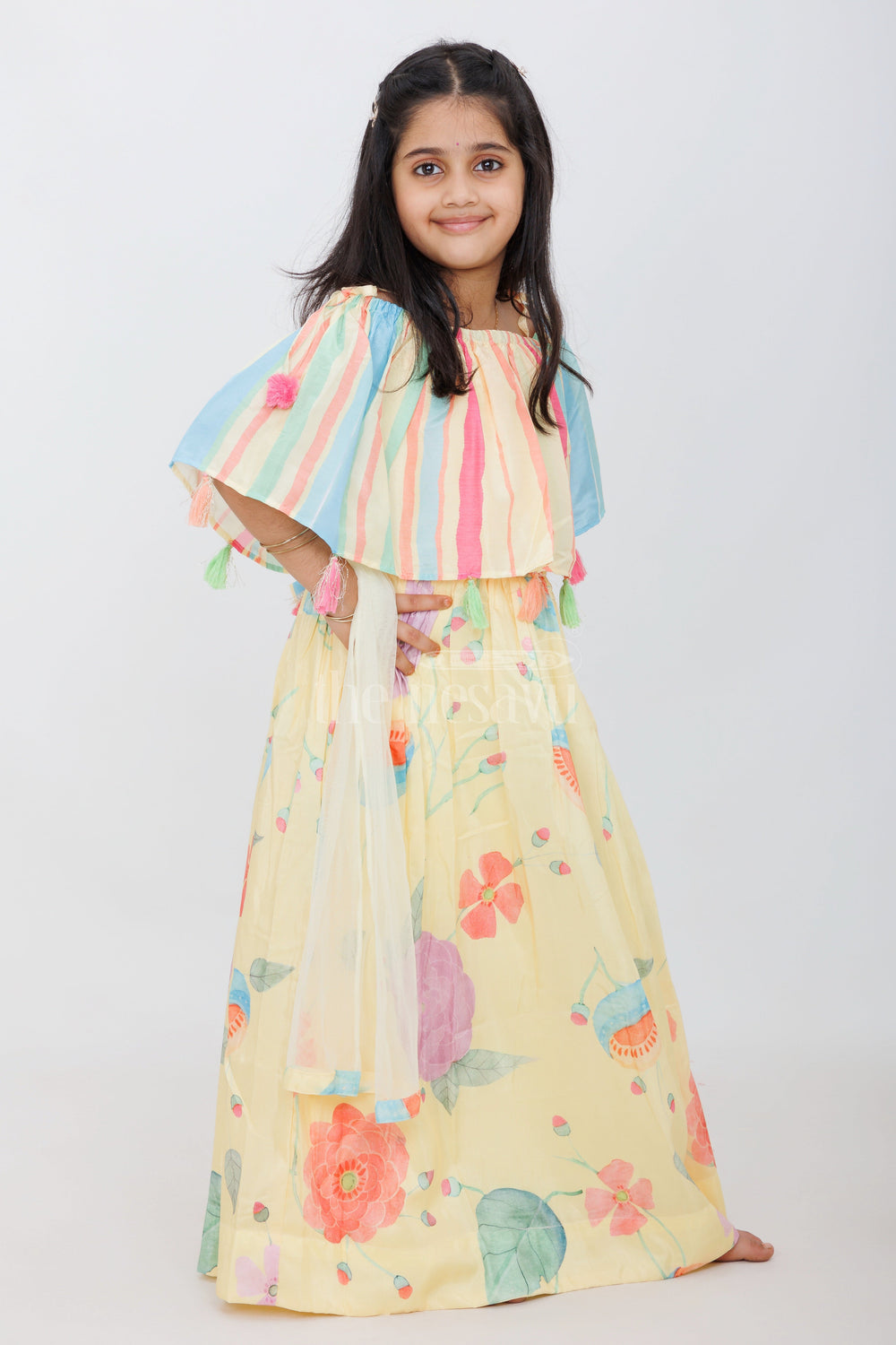 The Nesavu Girls Lehenga Choli Girls Multicolored Pure Muslin Silk Off-Shoulder Lehenga Choli with Tassels and Floral Prints Nesavu Nesavu Girls Multicolored Muslin Silk Off-Shoulder Lehenga Tassels Floral Prints Summer Weddings