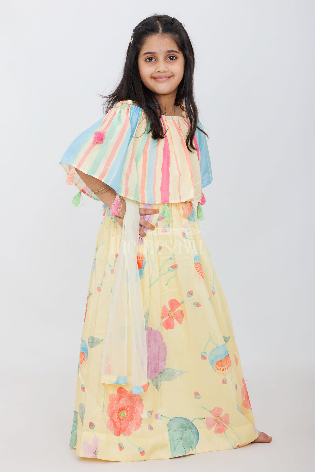 The Nesavu Girls Lehenga Choli Girls Multicolored Pure Muslin Silk Off-Shoulder Lehenga Choli with Tassels and Floral Prints Nesavu Nesavu Girls Multicolored Muslin Silk Off-Shoulder Lehenga Tassels Floral Prints Summer Weddings