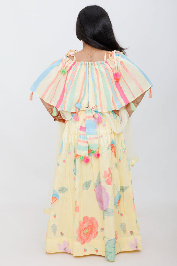 The Nesavu Girls Lehenga Choli Girls Multicolored Pure Muslin Silk Off-Shoulder Lehenga Choli with Tassels and Floral Prints Nesavu Nesavu Girls Multicolored Muslin Silk Off-Shoulder Lehenga Tassels Floral Prints Summer Weddings