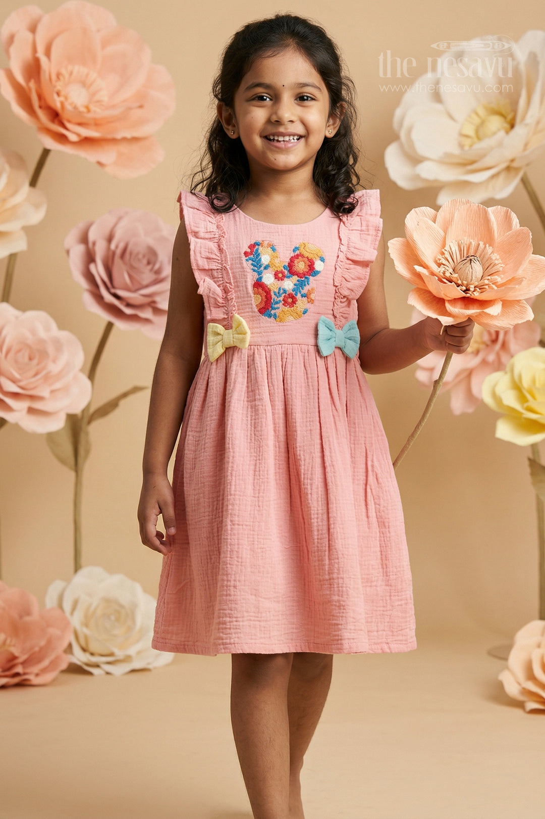 The Nesavu Girls Cotton Frock Girls Muslin Cotton Frock for Charming Outings and Birthday Gatherings Nesavu 20 (3Y) / Pink / Muslin Cotton GFC2156B-20 Nesavu Girls Muslin Cotton Embroidered Frock For Birthday Gatherings And Casual Outings