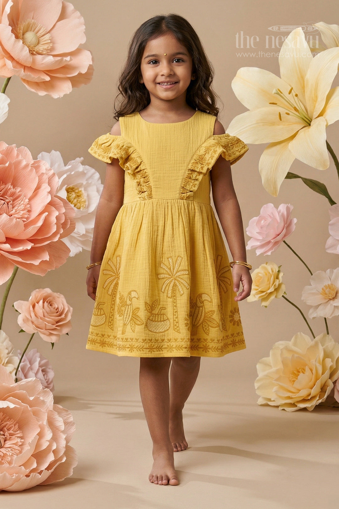 The Nesavu Girls Cotton Frock Girls Muslin Cotton Frock with Embroidered Border for Festive Gatherings and Family Occasions Nesavu 20 (3Y) / Yellow / Muslin Cotton GFC2158B-20 Nesavu Girls Muslin Cotton Embroidered Frock For Festive Gatherings And Special Occasions