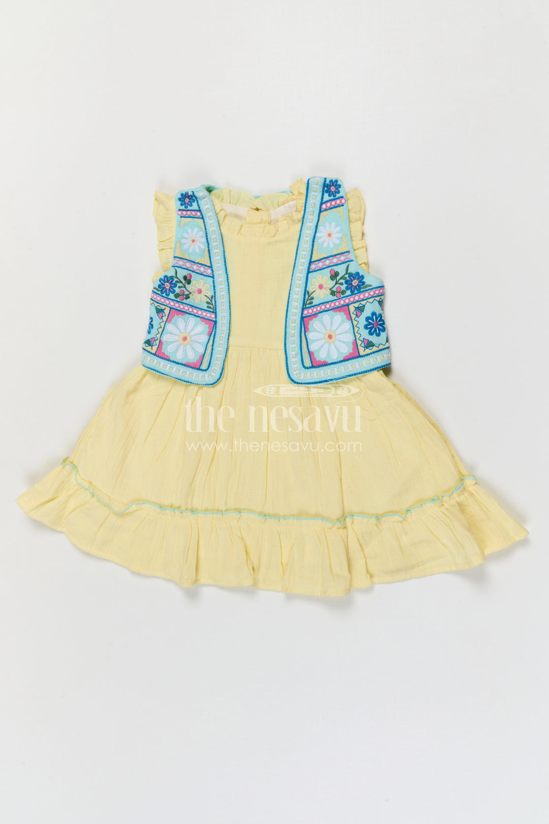 The Nesavu Girls Cotton Frock Girls Muslin Cotton Frock with Embroidered Jacket for Festive Outings and Celebrations Nesavu 20 (3Y) / Yellow / Muslin Cotton GFC2157A-20 Nesavu Girls Muslin Cotton Frock With Embroidered Jacket For Festive Celebrations